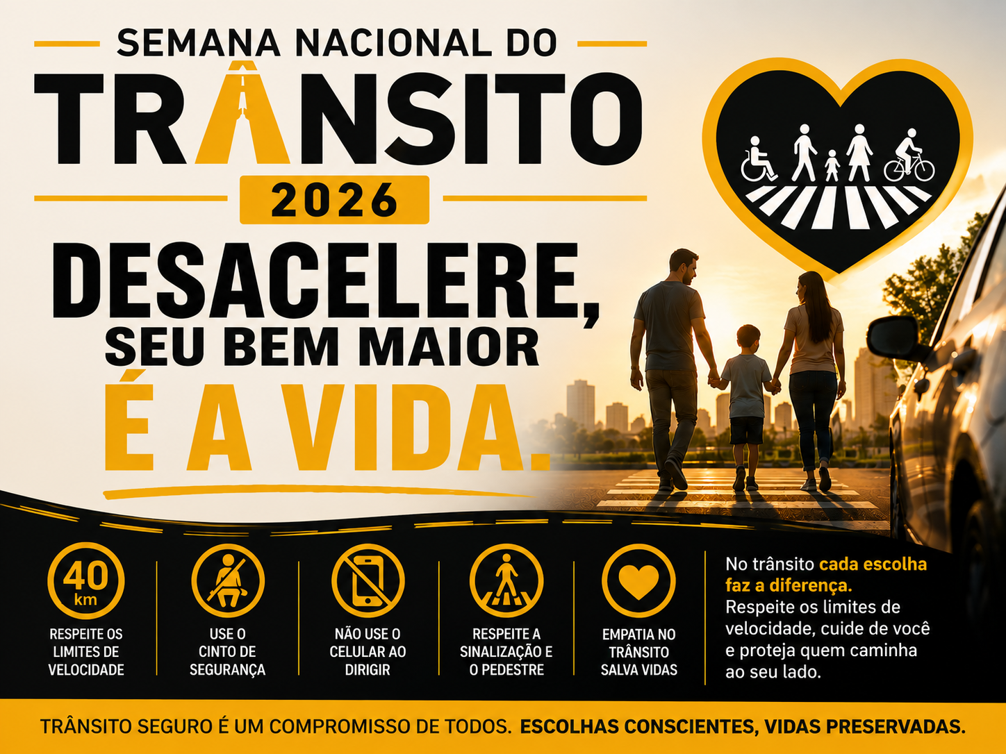"Desacelere, seu bem maior é a vida": Brasil mantém tema da Semana Nacional do Trânsito para 2026.